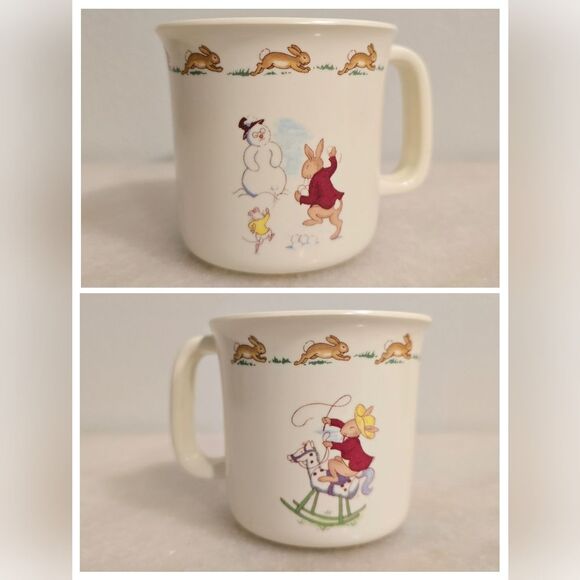 Royal Doulton BUNNYKINS Plastic Baby Kid Cup Mug Rocking Bunny / Snowman England - Picture 1 of 9